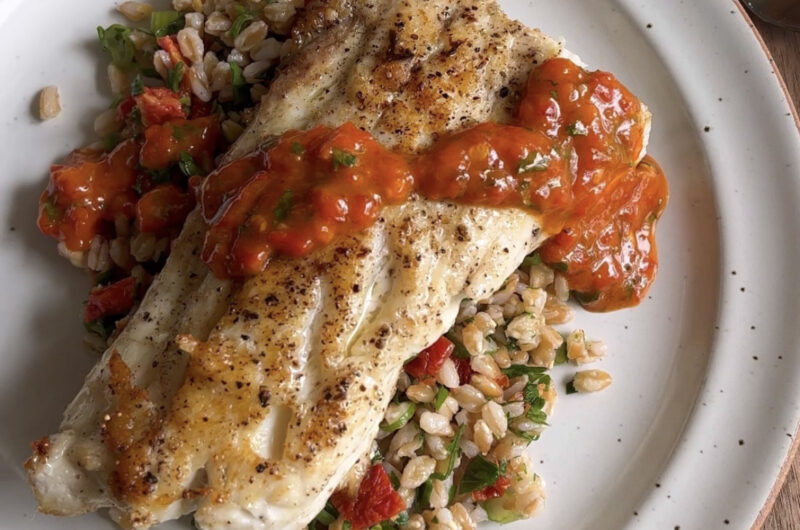 Seared Fish with Red Chimichurri and Farro Salad