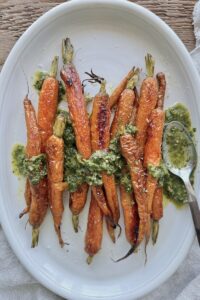 Roasted Carrots with Carrot Top Green Harissa