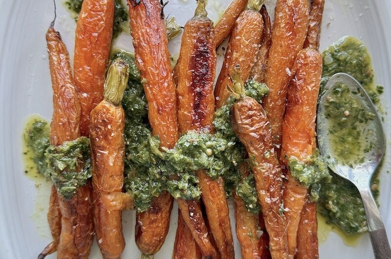 Roasted Carrots with Carrot Top Harissa